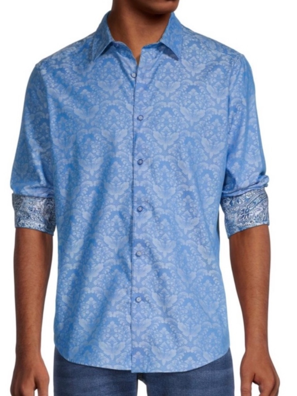 Robert Graham 2XL Blue Damask Button Up Shirt 100% Cotton Flip Cuff Classic Fit